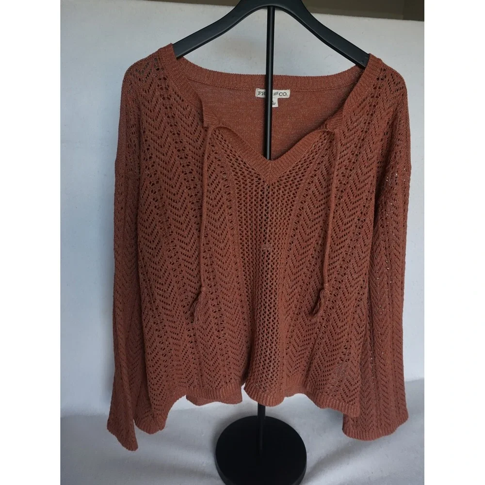 Frye and Co Womens Rust Orange Pointelle Knit V-Neck Tassel Sweater Large